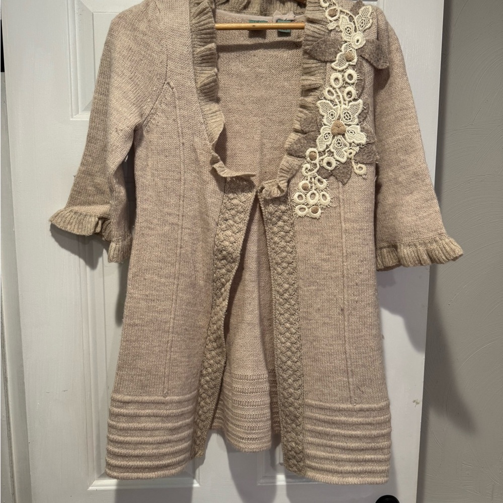 Anthro vintage Beige Knit Cardigan with Lace Detail